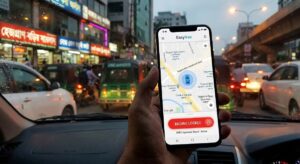 A hand holds a smartphone displaying a vehicle tracking app with a map and ENGINE LOCKED status, inside a car during traffic on a busy city street with shops and vehicles visible through the windshield.