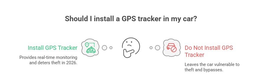 A graphic comparing installing a GPS tracker in a car versus not installing one. Installing offers real-time monitoring and theft deterrence; not installing leaves the car vulnerable to theft. A thinking face icon is in the center.