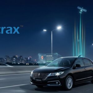 A black sedan drives on a highway at night with city lights in the background. Digital graphics display GPS signals, a location pin, and a GPS Tracking Device icon. The easytrax logo appears in the top left, indicating GPS tracking services.