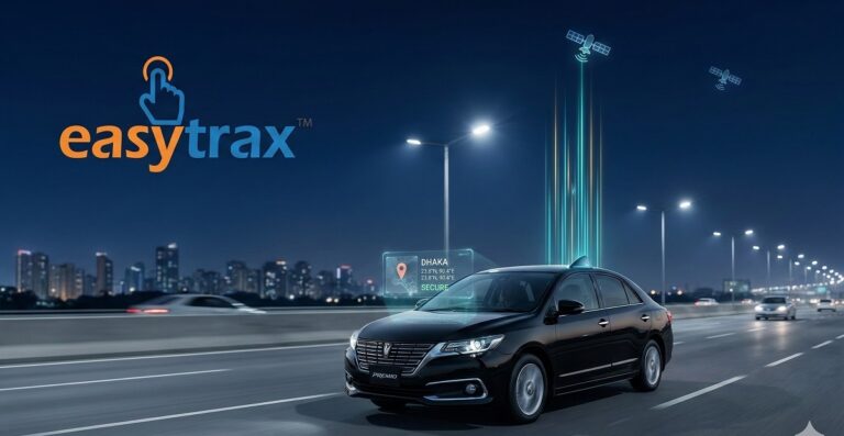A black sedan drives on a highway at night with city lights in the background. Digital graphics display GPS signals, a location pin, and a GPS Tracking Device icon. The easytrax logo appears in the top left, indicating GPS tracking services.